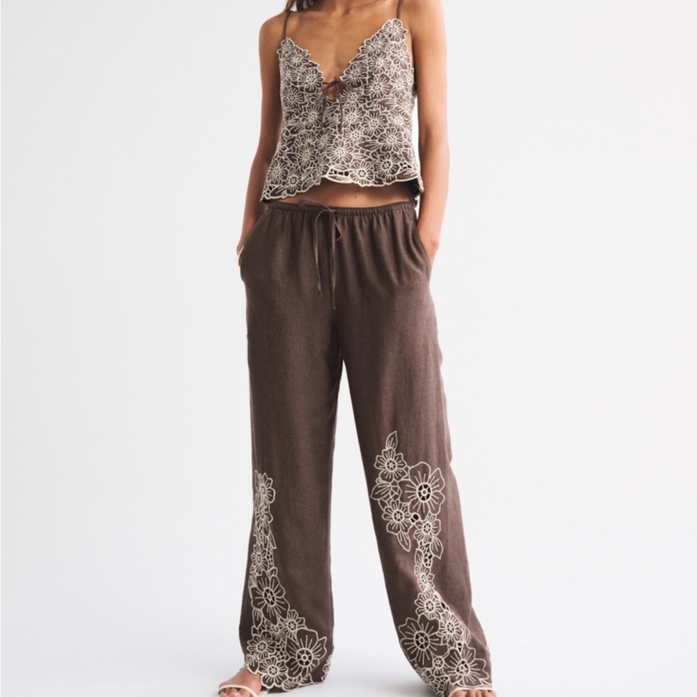 New! Abercrombie & Fitch Brown Floral Wide Leg Linen Pants, Medium Short